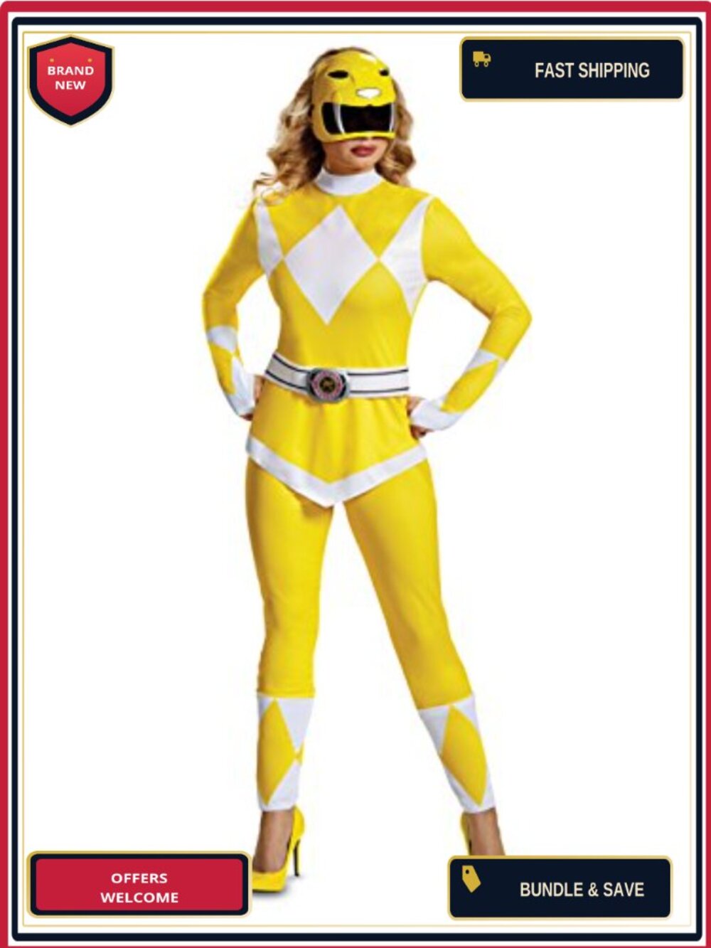 Yellow Ranger Costume Jumpsuit Belt Mask Adult Halloween Cosplay